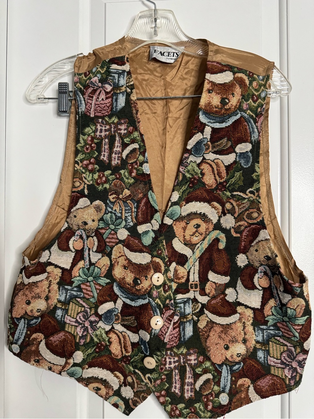 Vintage Facets by Mirrors Teddy Bear Xmas Santa Bears Tapestry Vest 90s Size L